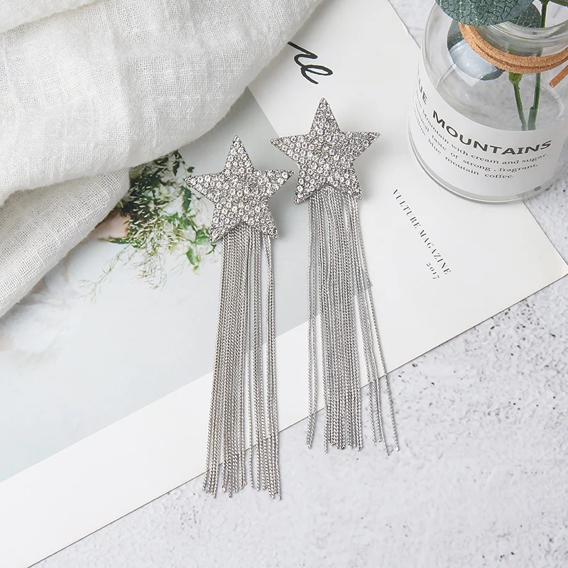 Korean Rhinestone Pentagram Long Tassel Pendant Earrings For Women