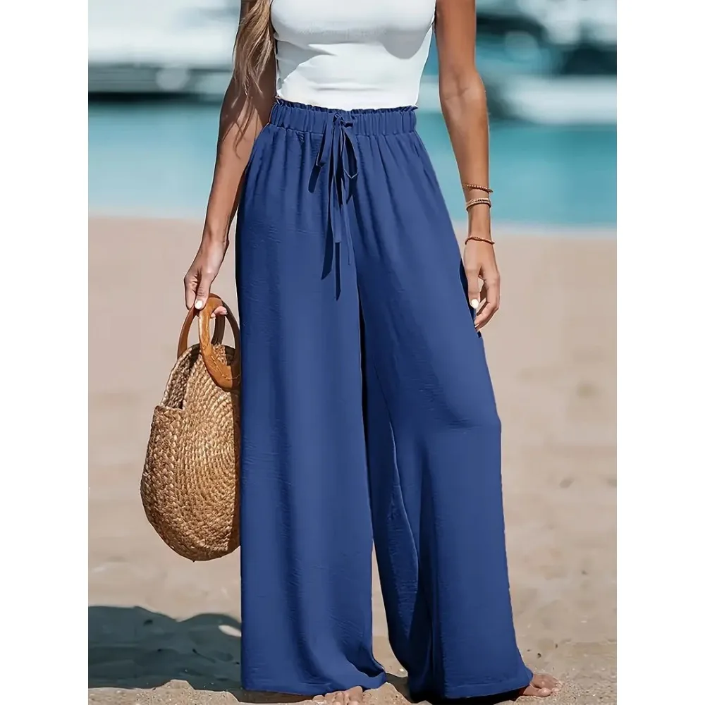 Womens Casual Wide Leg Pants Loose High Waisted Long Trousers Solid Color Soft Polyester Straight Culottes for Summer 2