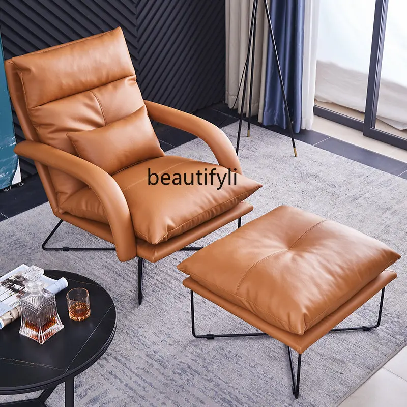 

Italian Minimalist Single Leather Sofa Chair Modern Small Apartment Living Room Study Bedroom Lazy Swivel Chair Leisure Chair