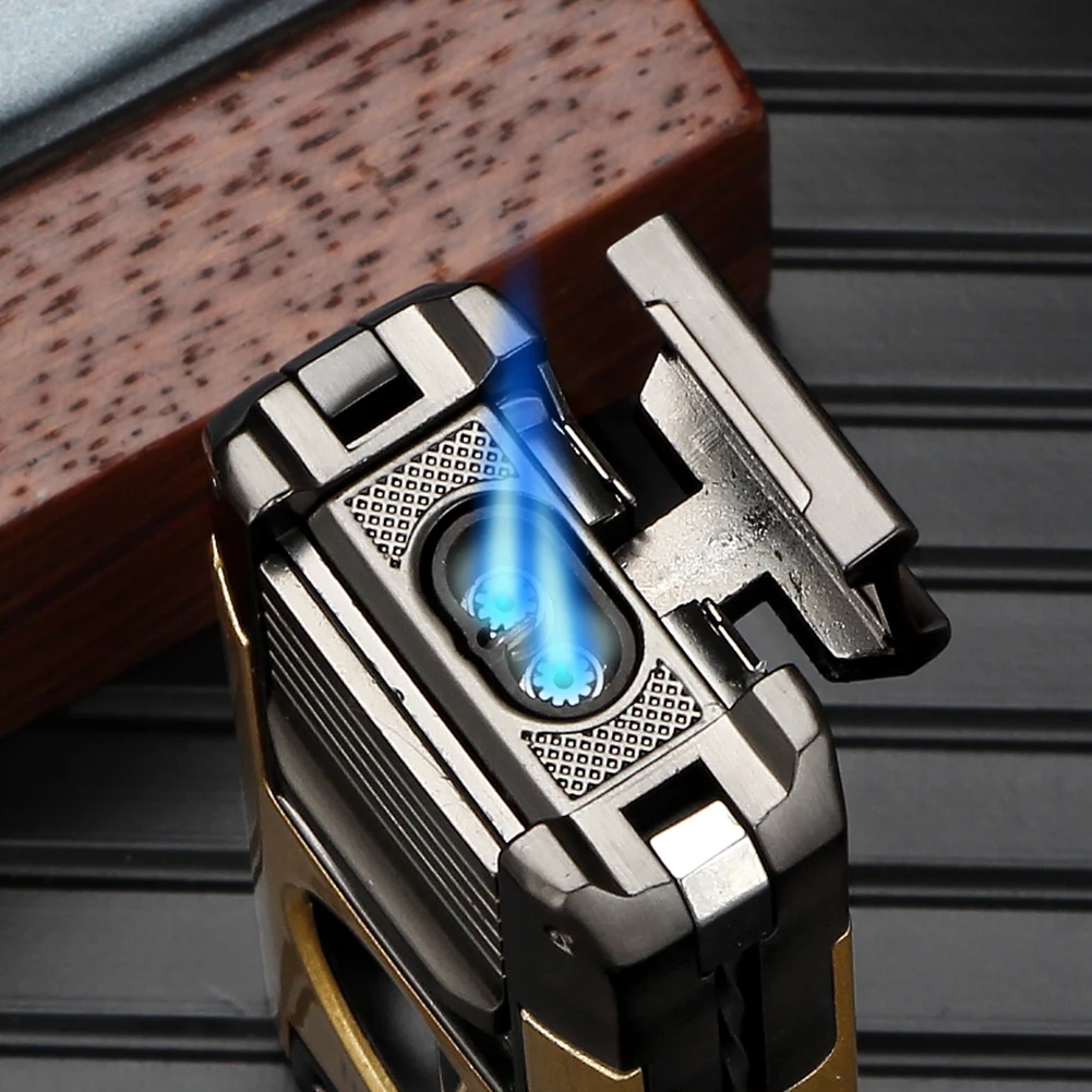 LUBINSKI 2 Torch Lighters Cigar V Cutter Punch Metal Butane Gas Cigar Lighter With Needles Dredge Cigar 3