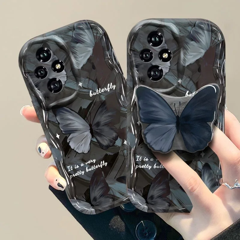 Elegant Black Butterfly Grip Tok Holder Wave TPU Soft Phone Case