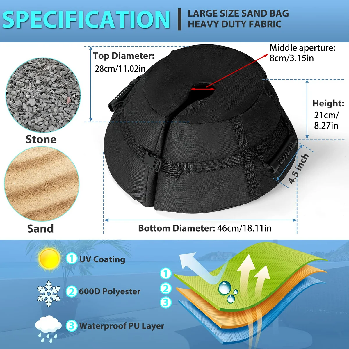 Umbrella Stand Umbrella Base Weight Bag 600D Heavy Duty Sand Bags Weatherproof Parasol Umbrella Stand Base with Shovel for Outdoor Courtyard