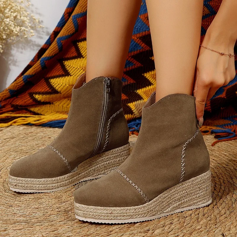 2023 Winter Shoes for Female Side Zip Women's Ankle Boots Wedge Heel Med Heel Women's Shoes Platform Plus Size Ladies Boots