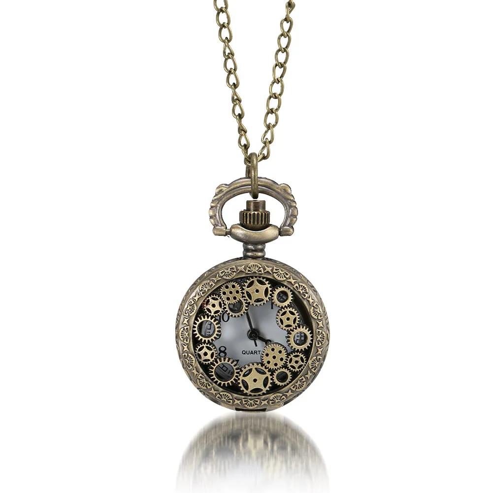 Vintage Bronze Steampunk Quartz Pocket Watch with Hollow Heart Cover and Chain Necklace