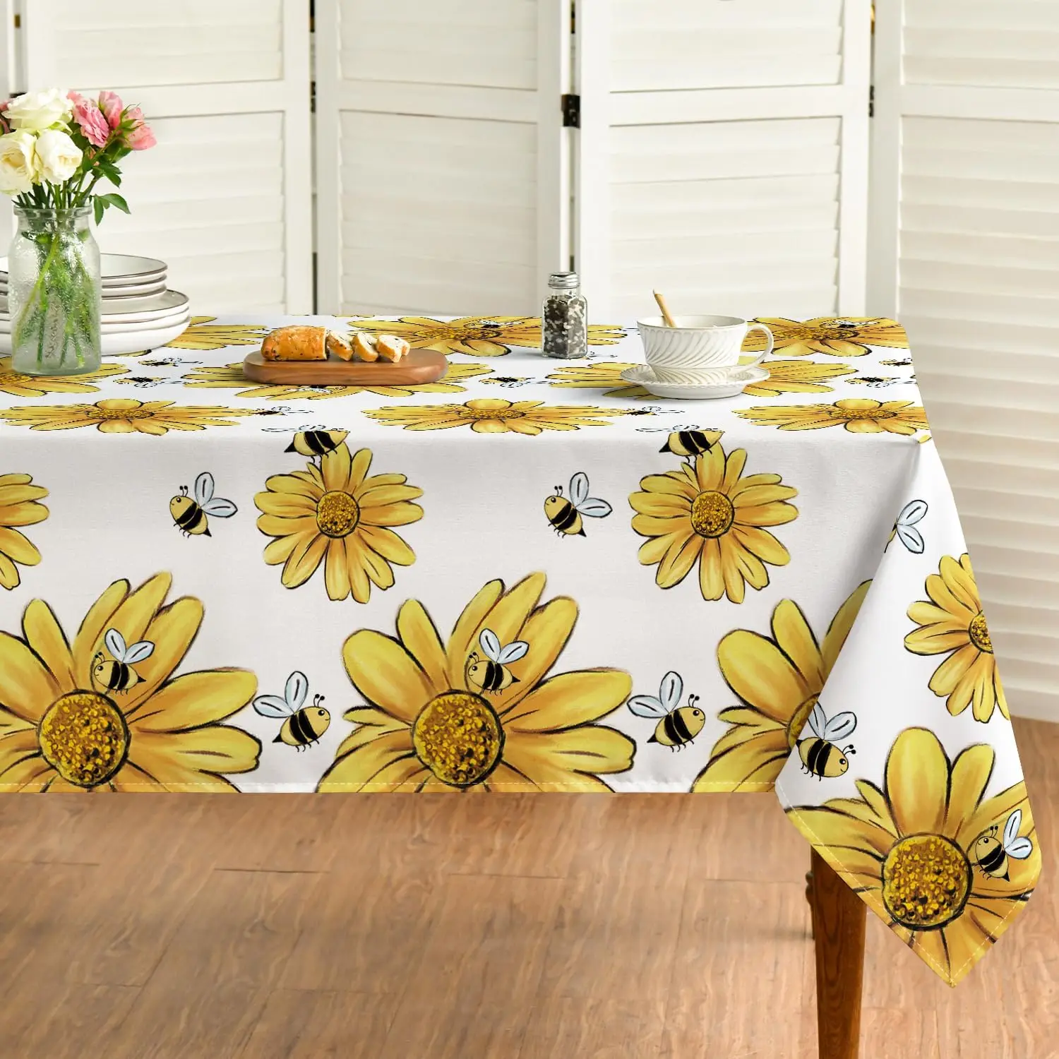 Spring Yellow Sunflower Printed Tablecloths Bumble Bee White Washable Table Cover for Kitchen Table Decor Wedding Party Decor 6