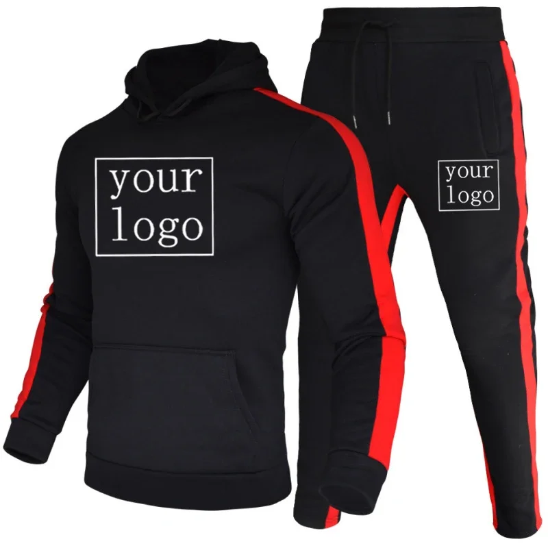 Customized Logo Male Fashion Hoodies 2 Piece Sets Tracksuit Men Stripes Sportswear Winter Boy Autumn DIY Jogging Suit 2023 New