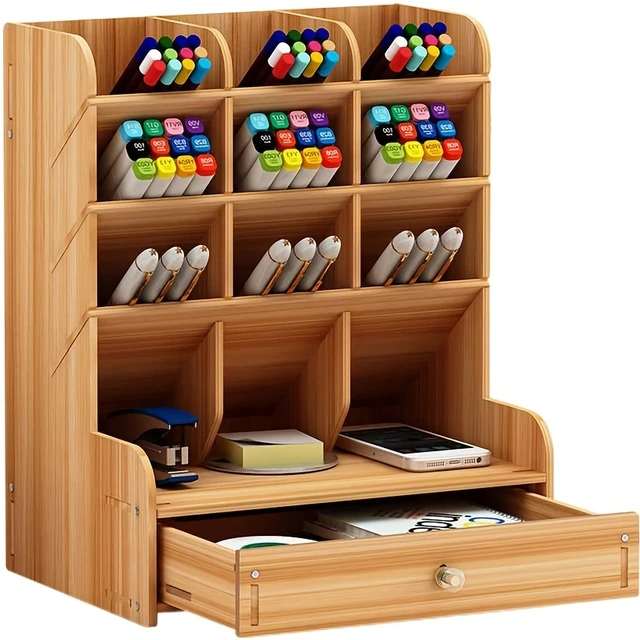 Organisateur de bureau en bois, boîtes de rangement de bureau  multifonctionnelles pour porte-stylo bricolage, papeterie de bureau,  support de