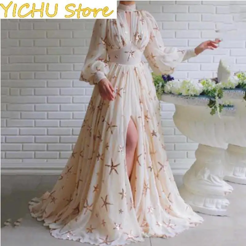 

New Women's Beauty Long Half High Collar Sequin Split Lantern Sleeves Large Swing Dress Daily Steet Wear Chiffon Dress