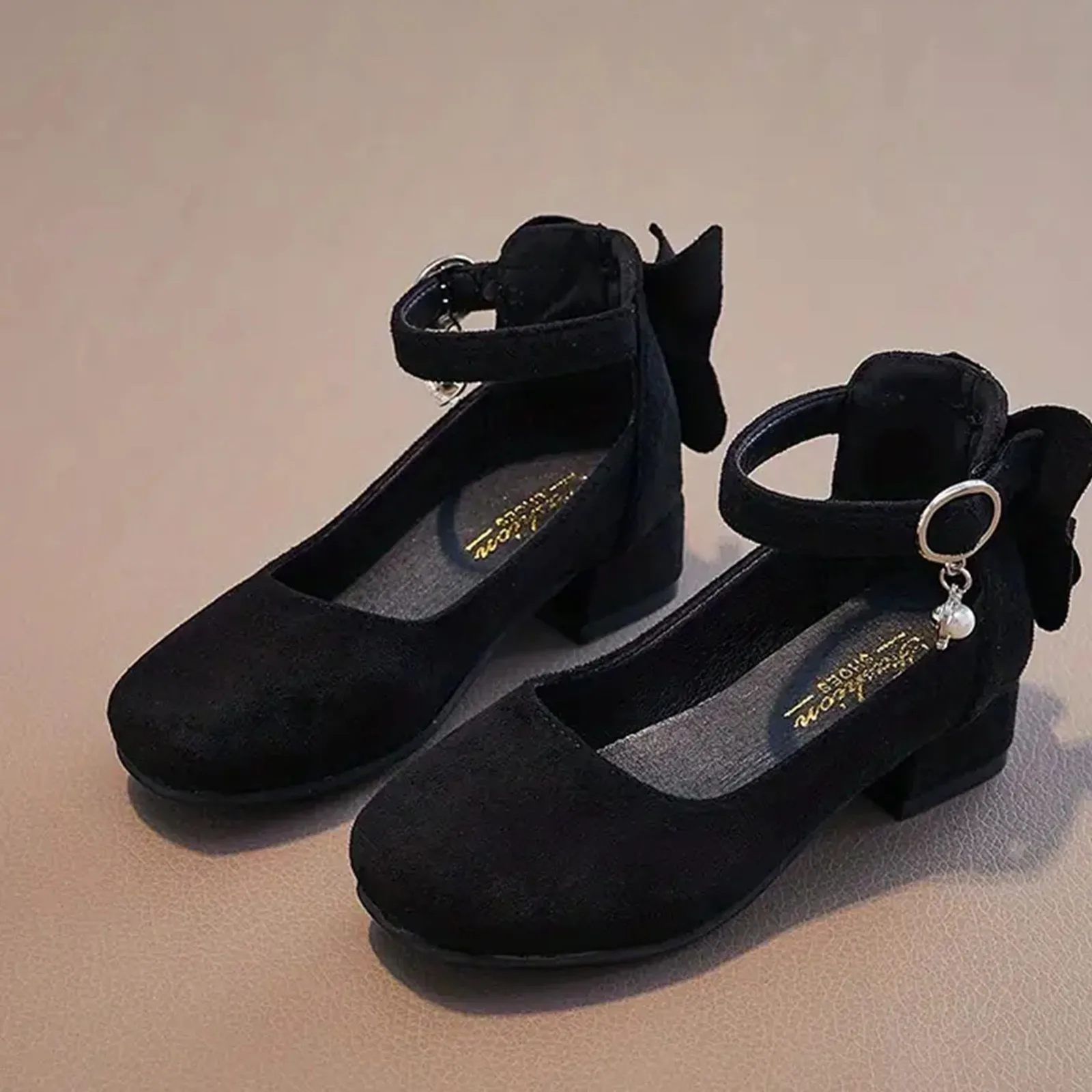 Kids High Heeled Shoes Girls Princess Sandals For Party Wedding Dance Childrens Fashion Velvet Black Pink Leather Shoes 3-15T 5