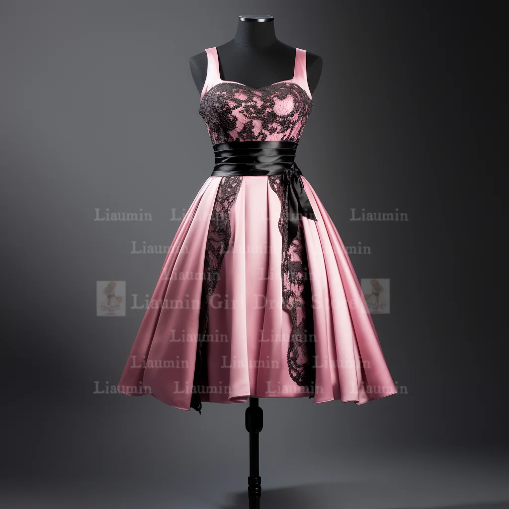 Pink Satin and Black Lace Edge Applique Strapless Short Length Lace Up Back Evening Dress Brithday Homecoming Clothing W1-21