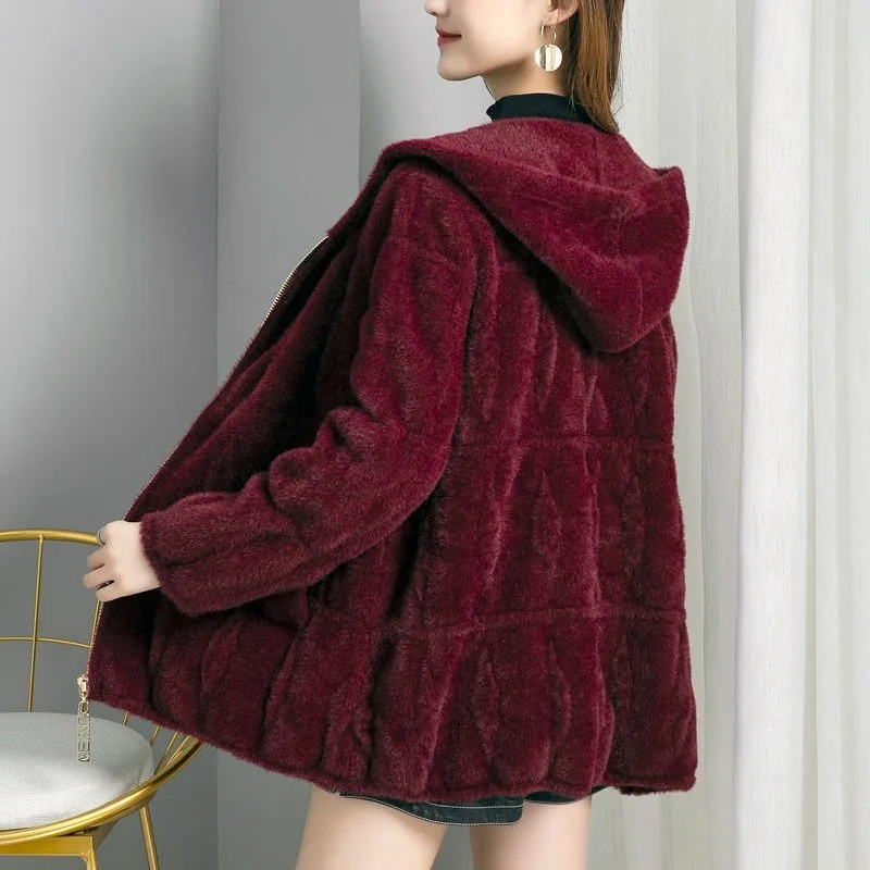 2023 New Imitation Mink Fleece Hooded Knitted Zipper Cardigan Women Autumn Winter Fashion Sweater Coat