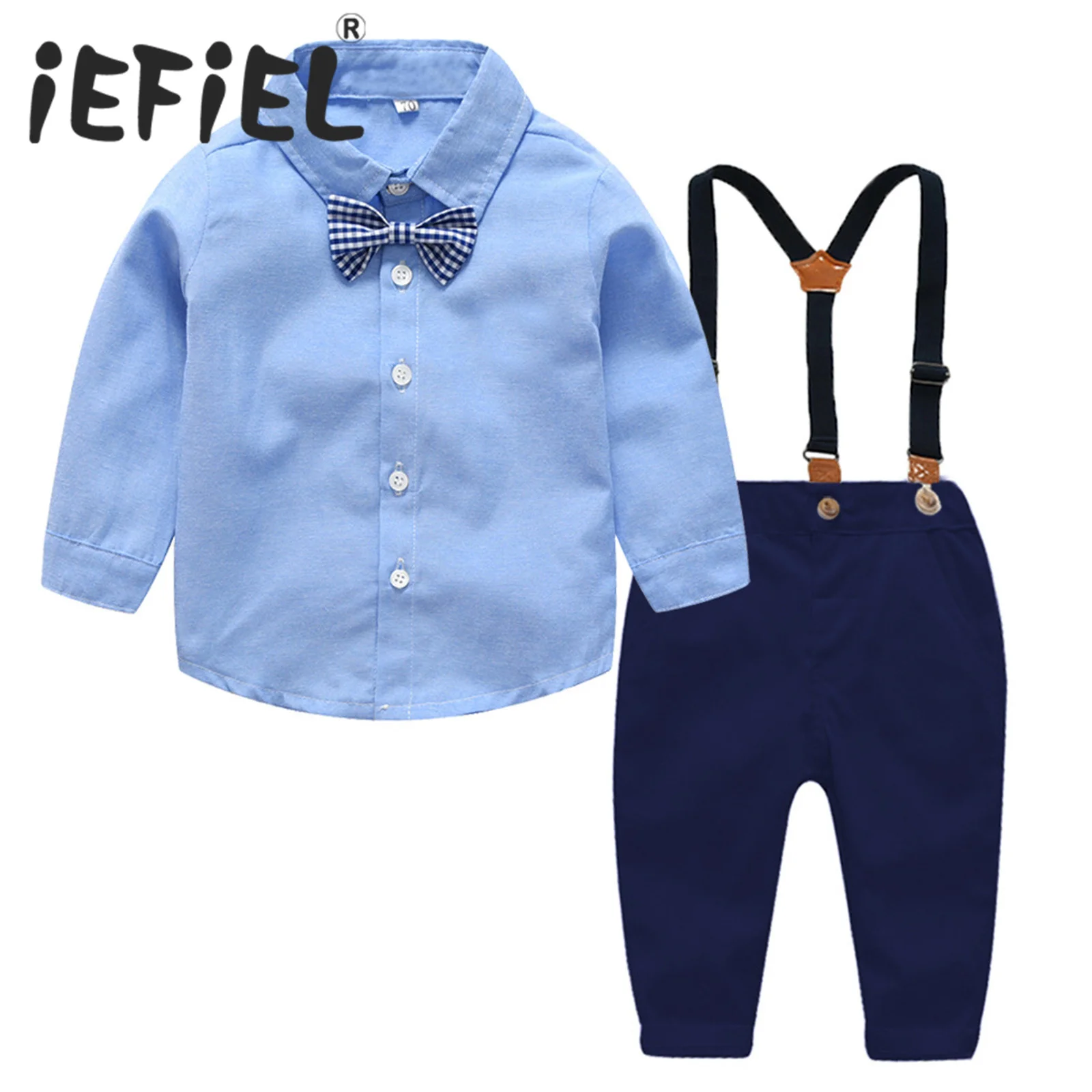 

2Pcs Baby Boys Gentleman Suits Birthday Party Outfit Long Sleeve Lapel Bow Tie Shirt Suspender Trousers Formal Occasion Set