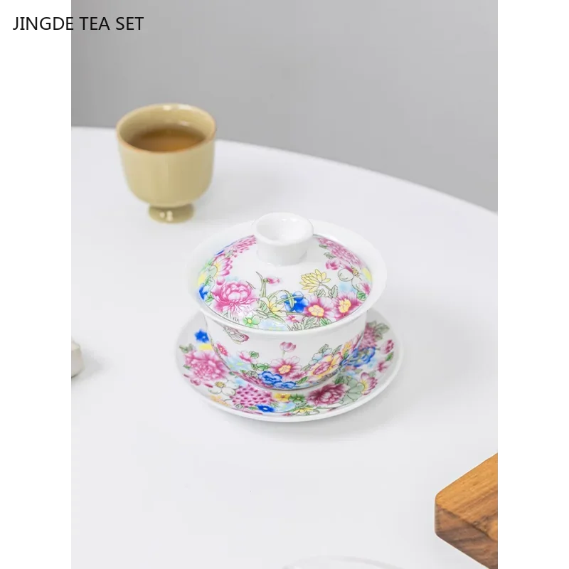 1PCS 90ML Dehua suet jade ceramic gaiwan hand-painted enamel color three cups covered bowl ceramic beauty tea infuser