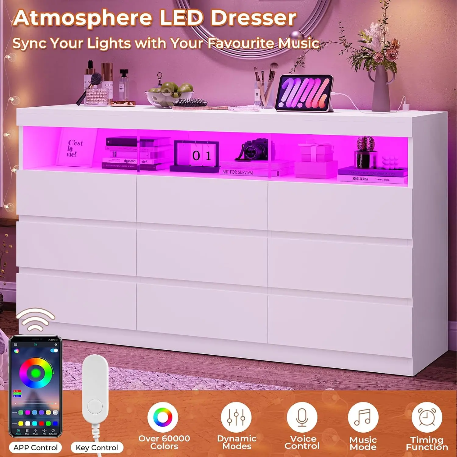 9 Drawer Dresser for Bedroom with LED Lights, Large Chest of Drawers Handle Free, Modern long Dressers with Charging Station 4