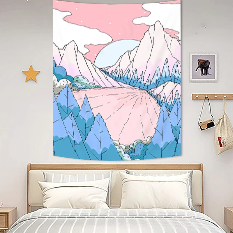 

Tapestries Pink Mountain Decorative Wall Tapestry Aesthetic Tapries Bedroom Decoration Room Decor Luxury Decors Home Fabric Art