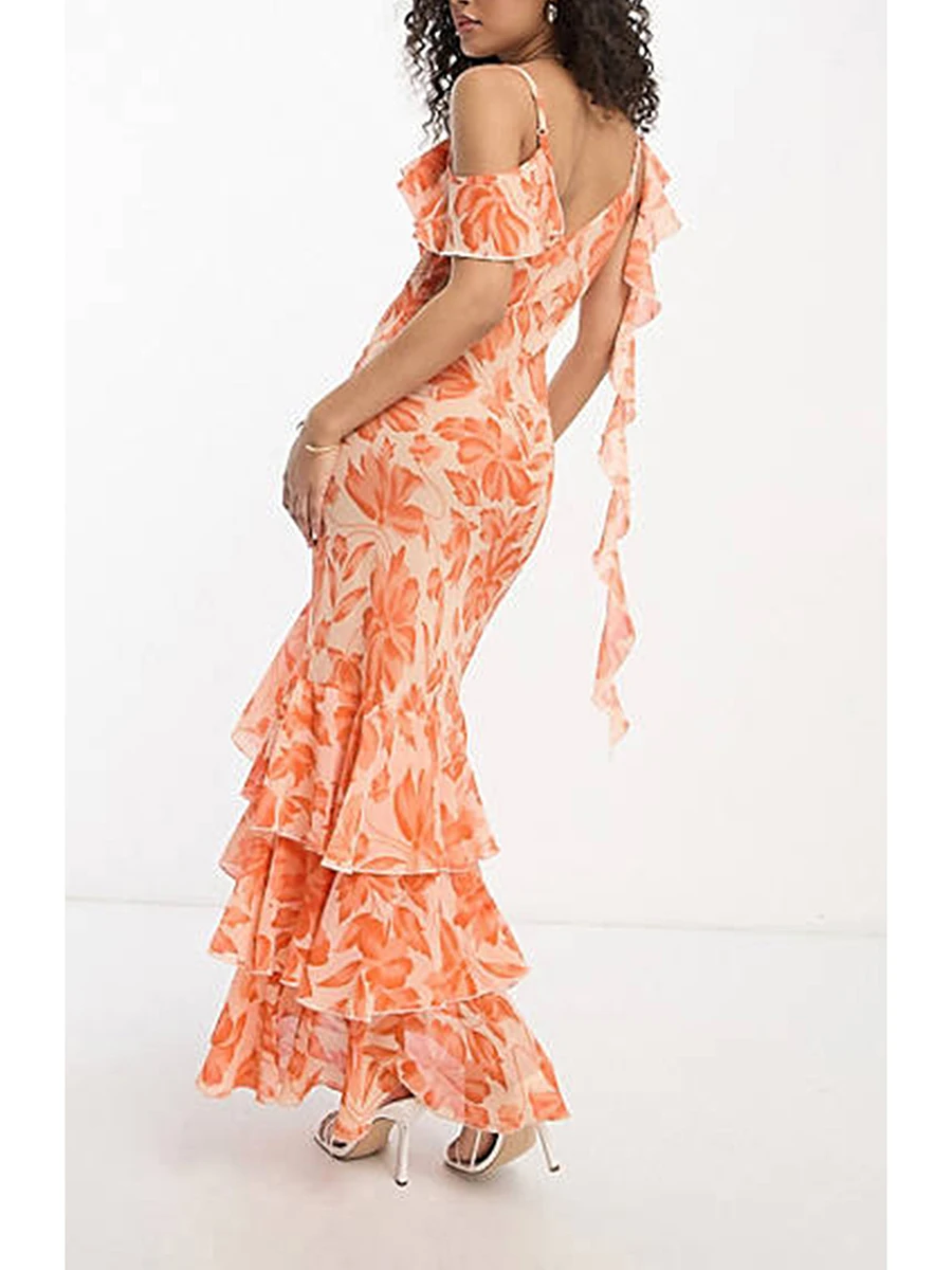 

CHQCDarlys Women s Summer Floral Print Long Bodycon Dress Spaghetti Strap V Neck Tiered Ruffle Party Beach Boho Maxi Dresses