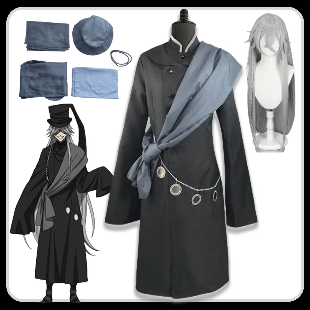 

Anime Black Butler Under Taker Cosplay Costume Women Man Black Uniform Outfit Under Taker Cos Wig Halloween Role Playing costume