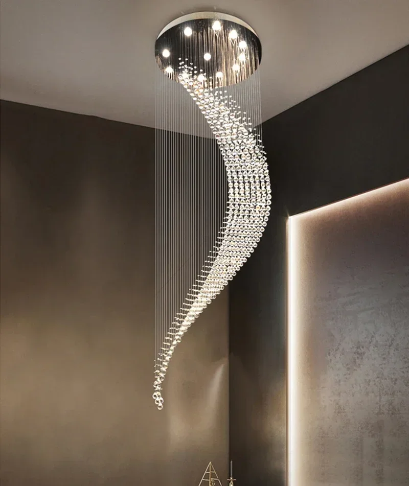 Description Picture 2 of itemLong Staircase Crystal LED Chandelier Modern Lamp Luxury Spiral Hanging Light Fixture Home Decoration Crystal Ball Pendant Lamp
