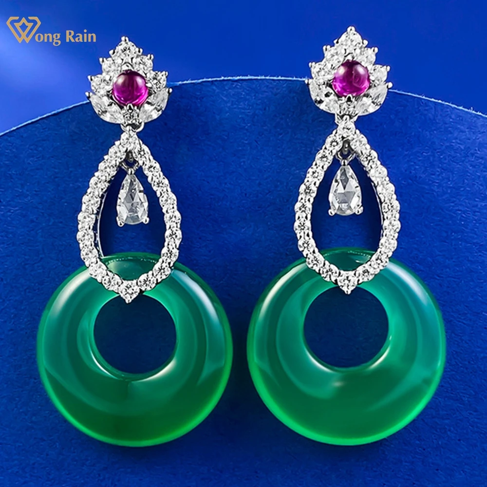 

Wong Rain Elegant Vintage 925 Sterling Silver 20MM Green Jade High Carbon Diamond Gemstone Drop Earrings Fine Jewelry for Women