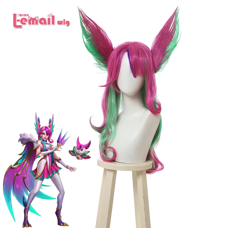 L-email wig Synthetic Hair Xayah Cosplay Wigs Game LoL Star Guardians Cosplay Long Pink Green Wig with Ears Halloween Wig l email wig ilulu cosplay wig kobayashi san chi no maid dragon cosplay pink lolita wig with bangs synthetic hair heat resistant