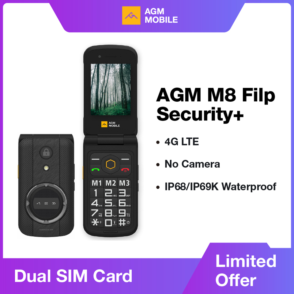 AGM M8 Security Rugged Flip Phone Senior Safe No Cam/Bluetooth WaterProof  2.8” QVGA 4G SOS Button 1500mAh Battery FM Radio