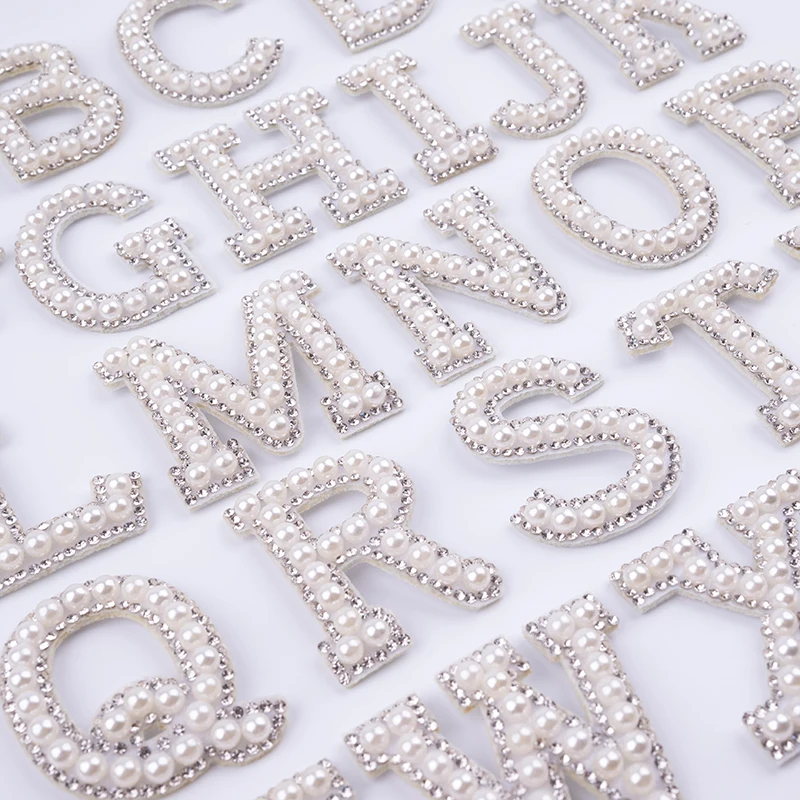 Rhinestone Letter Patches A-Z Black English Alphabet White Pearl Iron-on Applique For Clothes Letter Bags Badge DIY Name