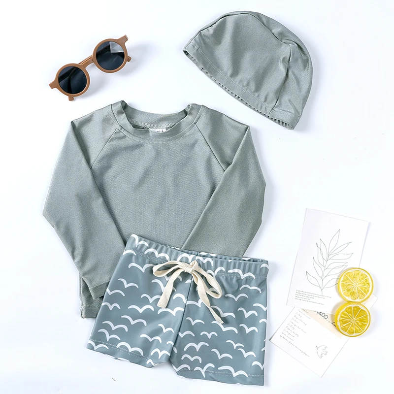 Summer Kids Boy Swimsuits 1-7T Fashion Children Surfing Swim Suit Toddler Sets Vacation Beach Pants Long Sleeve Tops with Hat kids swimsuits boys swim shorts