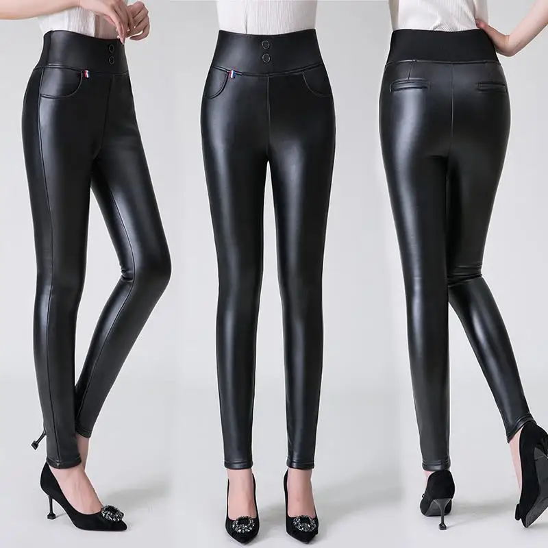 

Женские прямые брюки-карандаш из ПУ кожи, с высокой талией