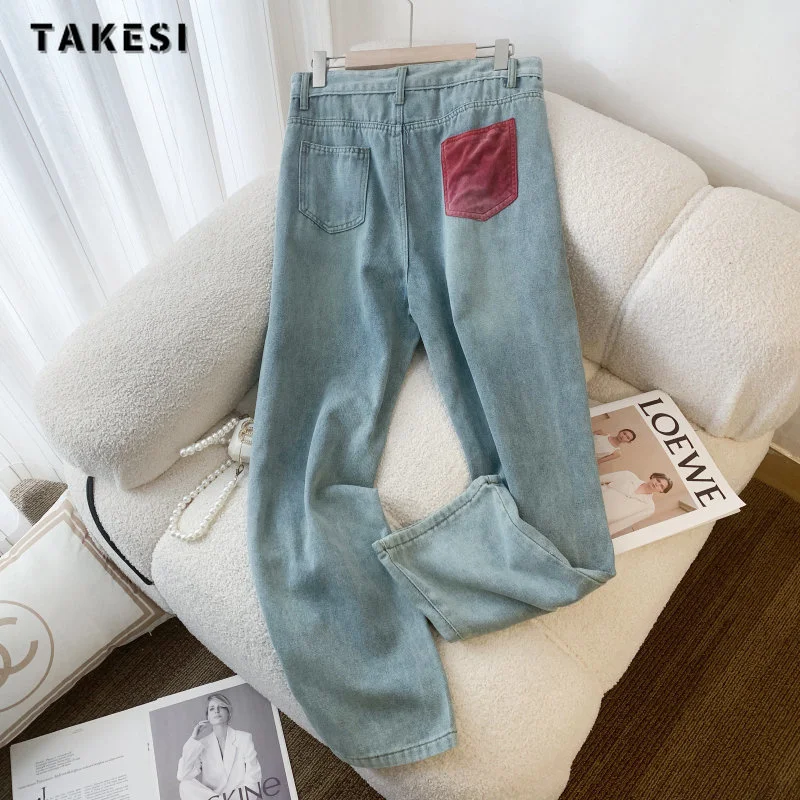 

Джинсы женские прямые с завышенной талией, винтажные уличные штаны в стиле пэчворк, синие мешковатые брюки из денима с широкими штанинами, в Корейском стиле, Y2K
