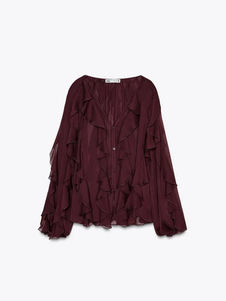 Spring Burgundy Layer Ruffles Shirts For Woman Casual V Neck Full Sleeve Loose Blouse New Female High Street Office Outfits 2025 - Image 6