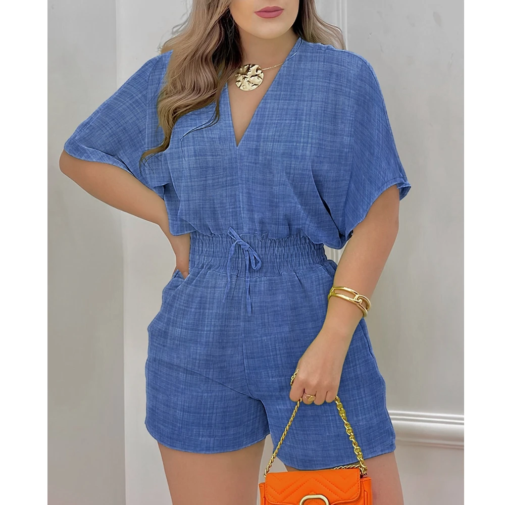 

Wepbel Look Print Batwing Sleeve Romper Playsuits V-neck Fitted Waist Jumpsuit Summer Denim Solid Color Wide Leg Shorts Jumpsuit