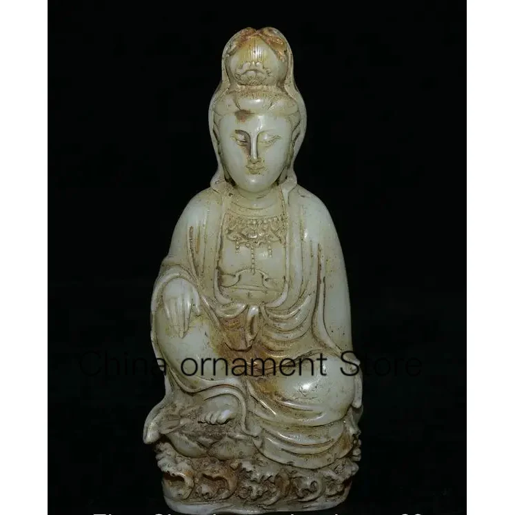 

7.2" Old Chinese White Jade Carved Feng Shui Seat Guanyin Goddess Luck Statue