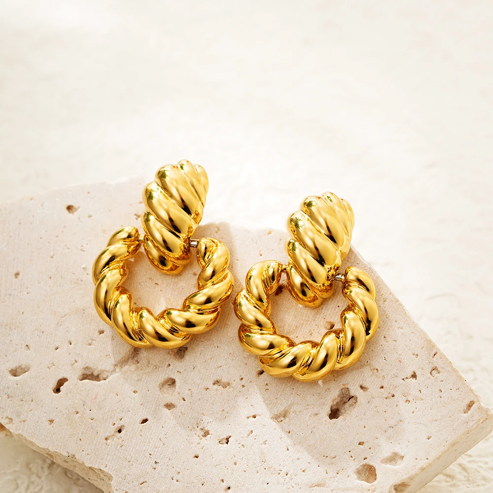 Chunky Rope Twist Circle Ear Hoops Gold Color Geometric Non Tarnish Stud Earrings Waterproof Lightweight Jewelry Pendientes Aros