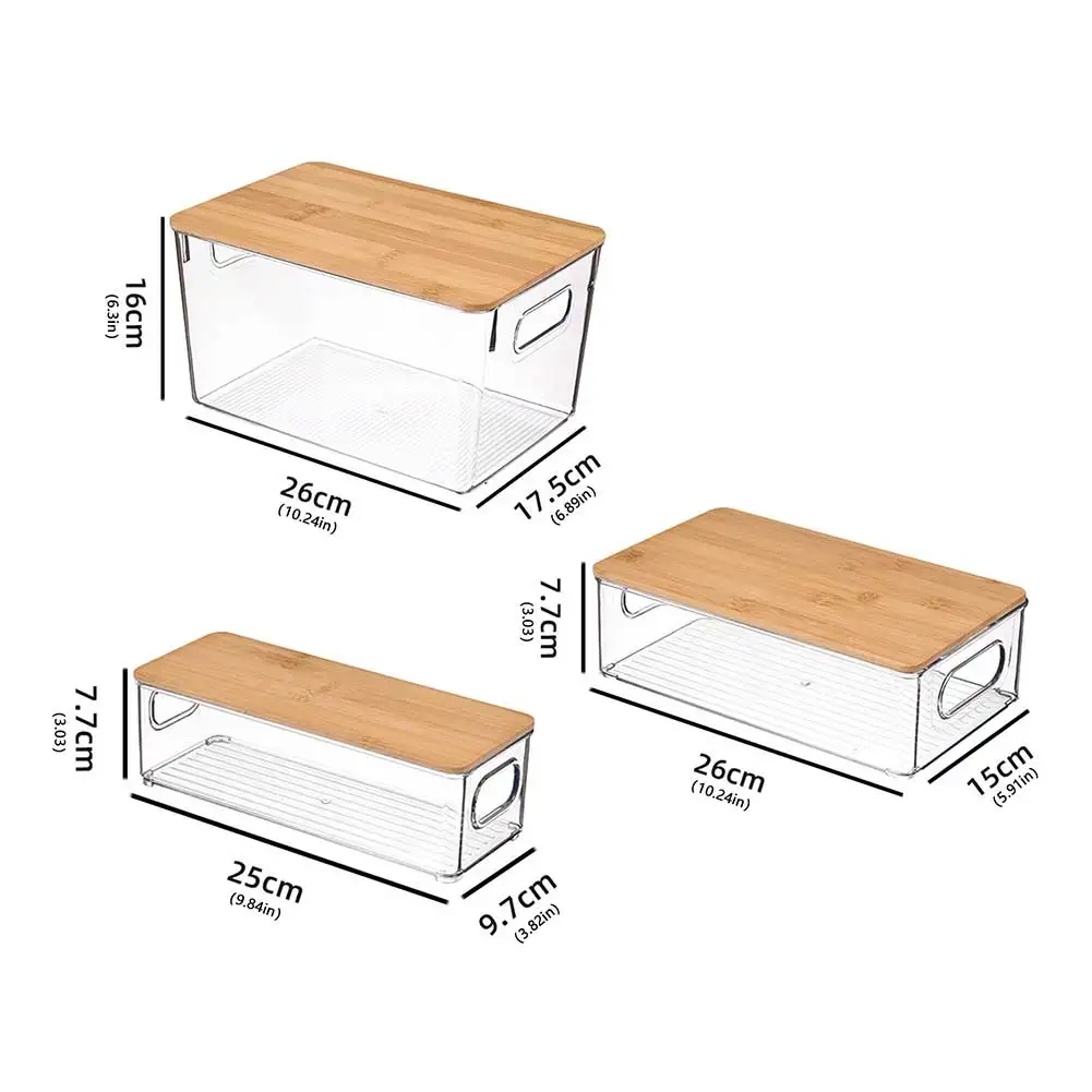 Clear Plastic Office Supplies Storage Container Stackable Desk Organizer with Bamboo Lid for Bathroom Cabinet Desk Organization 5