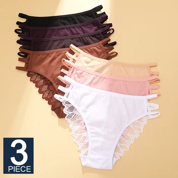 FINETOO 3Pcs Sexy Style Transparent Lace Underwear Women's Straps Panties Seamless Perspective Briefs Low Waisted Triangle Pants 1