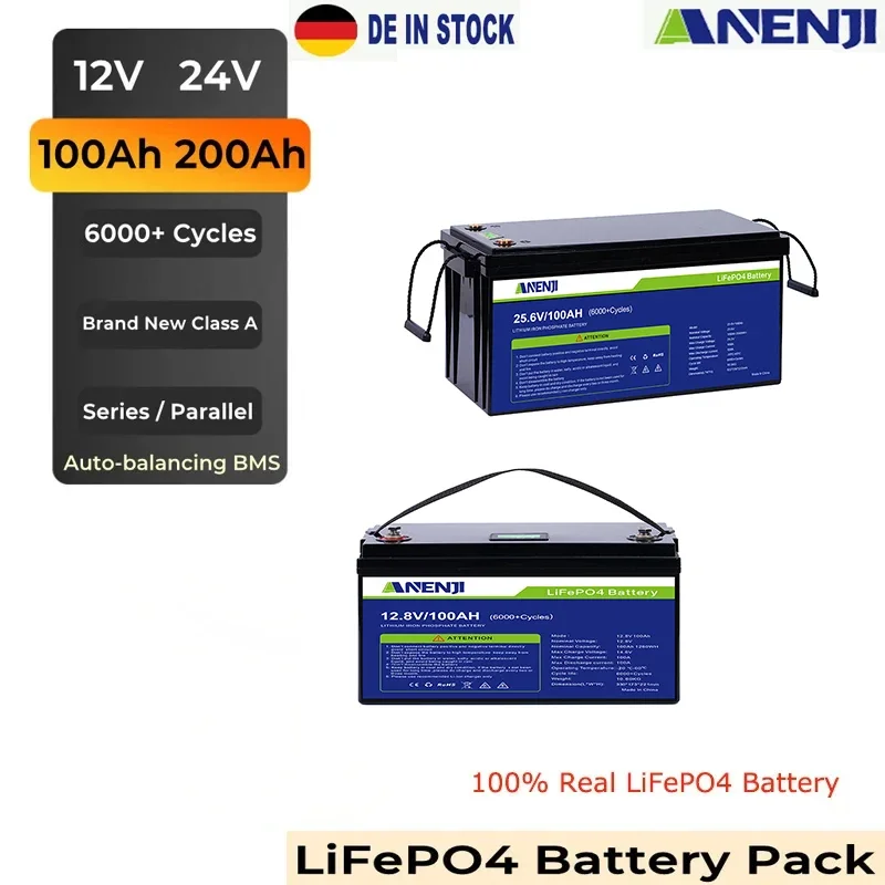 Pacco Batteria Lifepo4 200Ah 100Ah 12V 24V Bms Integrato Litio Ferro Fosfato Fuoristrada Batteria Ricaricabile Off-Grid Barche Rv