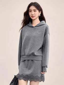 SENTUBILA Skirt Sets Hooded Letter-Embroidered Loose-fit Sweatshirt A-Line Short Skirt 2025 Autumn Woman Two-piece Set 153ZH2419