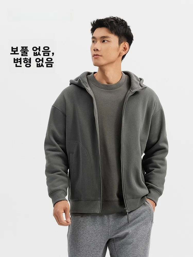 데카테론 플리스 안감 후드 재킷 남성용 겨울 두꺼운 따뜻한 캐주얼 지퍼 오픈 가디건 스웨트셔츠 폴리에스터 섬유