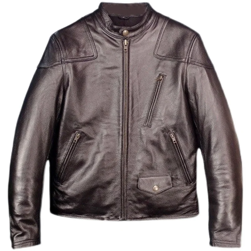 

men Free shipping.sales cheap black real jacket.classic us style cool cowhide coat.slim short motor biker leather cloth