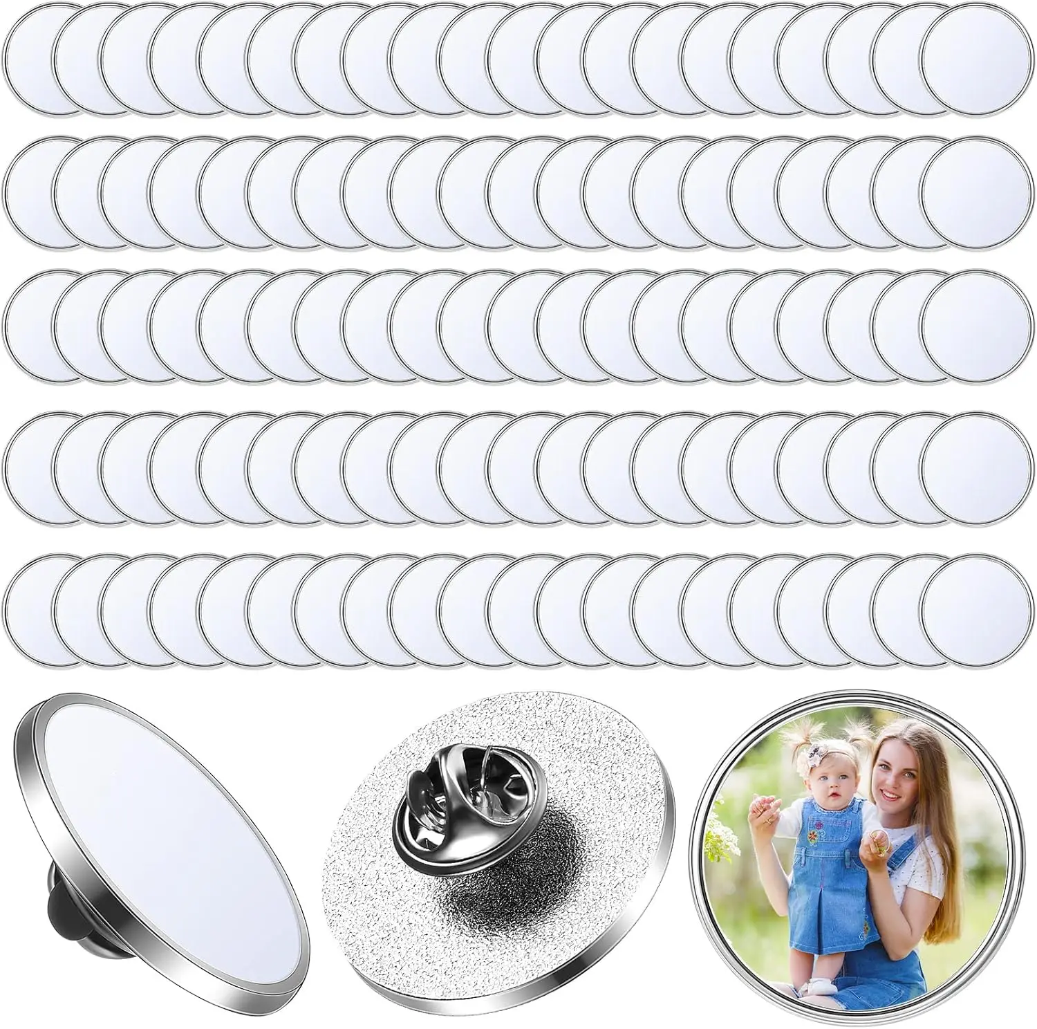 100pcs Sublimation Pins Buttons Bulk Round Sublimation Buttons Blanks with Pins DIY Button Badge Kit Sublimation Silver Blank