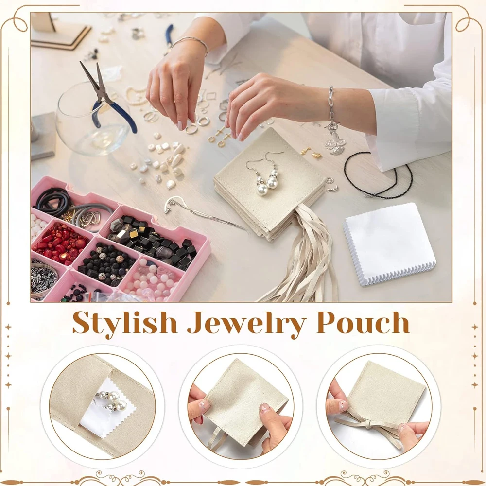 100 Stück Liebliche Mikrofaser-Schmuckbeutel mit Eigenem Logo, 8x8cm, für Ohrringe, Ringe, Schlüssel, Organizer-Tasche mit 8x8cm Poliertuch – Detail 6
