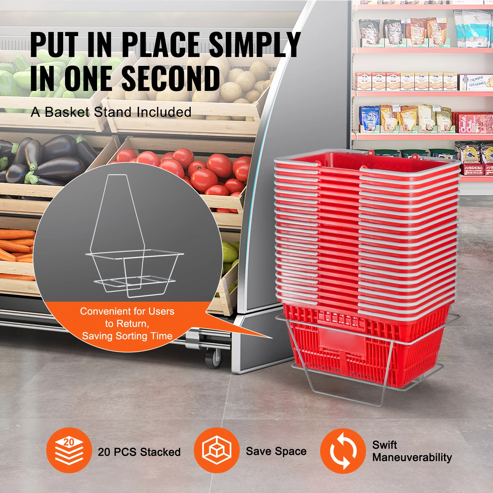 SucceBuy 20pcs Shopping Basket 21L Plastic Grocery Basket with Handle Portable Shop Bulk Used for Retail Store Supermarket
