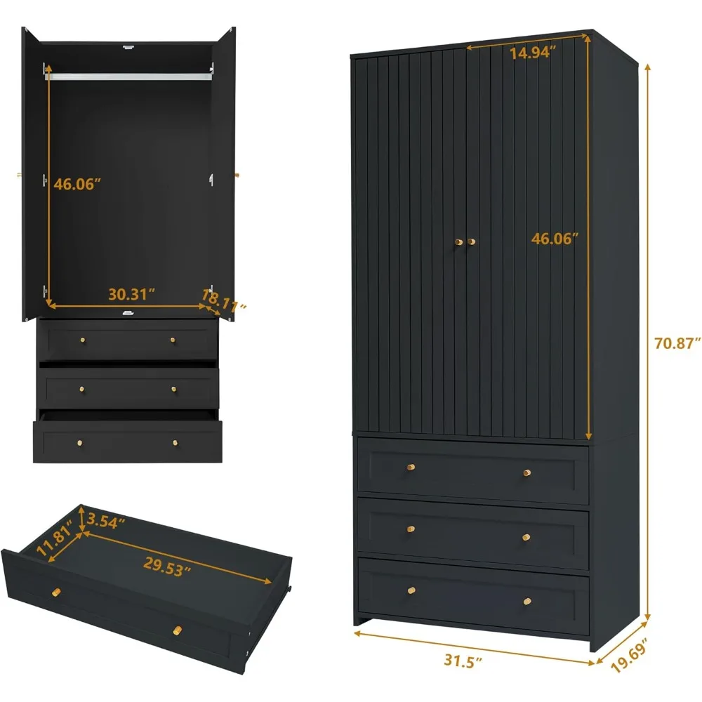 Wardrobe Closet Armoire, 71 "Wardrobe Armoire Wooden Closet with 4 Doors, 6 Drawers Household Freestanding Wooden Closet Storage 2
