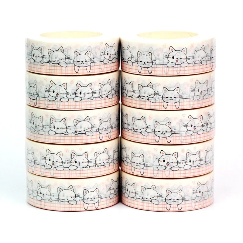 

Wholesale 10PCS. Decor White Cat Kitten Hearts Grid Washi Tapes for Scrapbooking Planner Adhesive Masking Tape Cute Papeleria