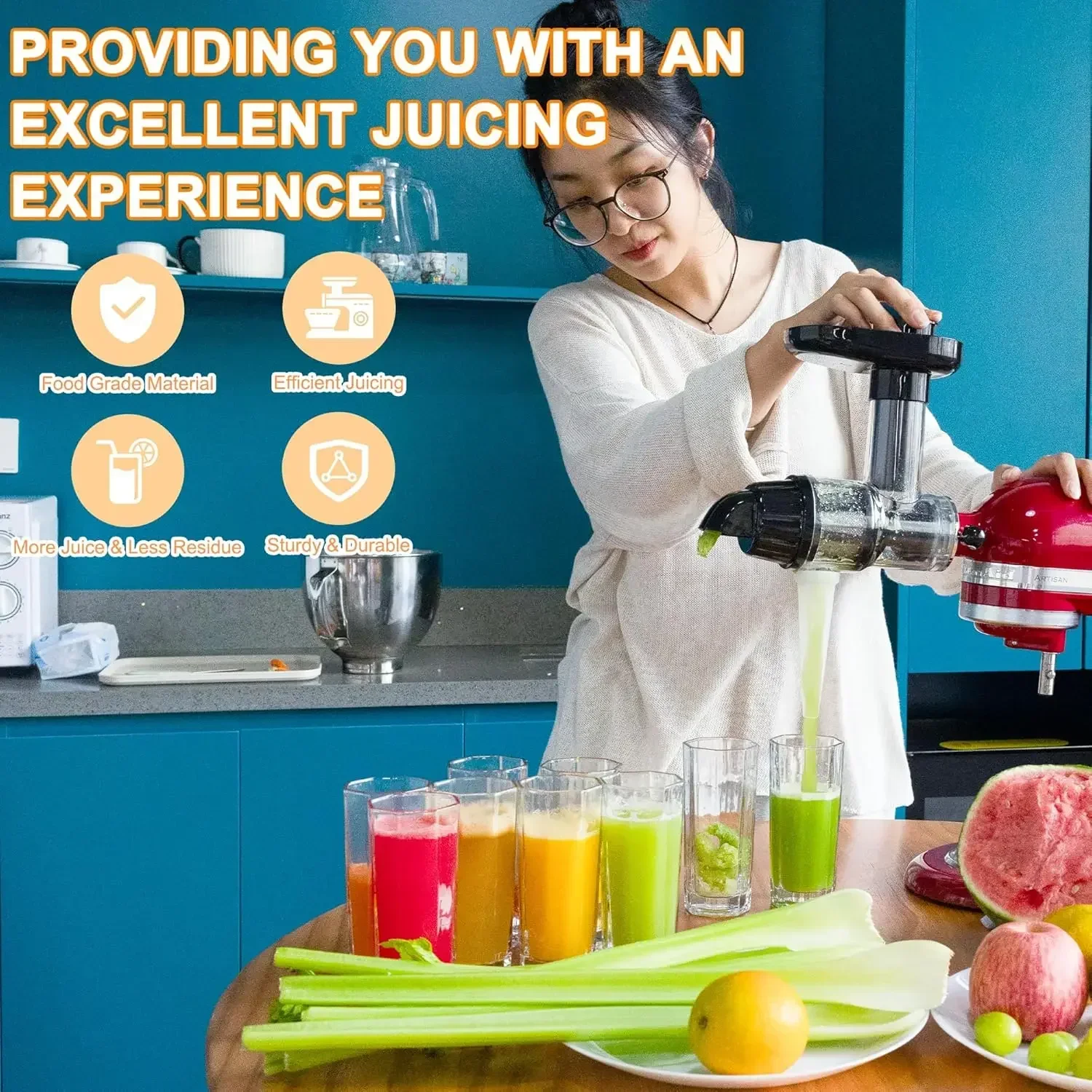 Slicer Masticating Juicer Attachment Slow Juicer Attachment with Silicone Tube and Cleaning Brush For all KitchenAid Stand Mixe