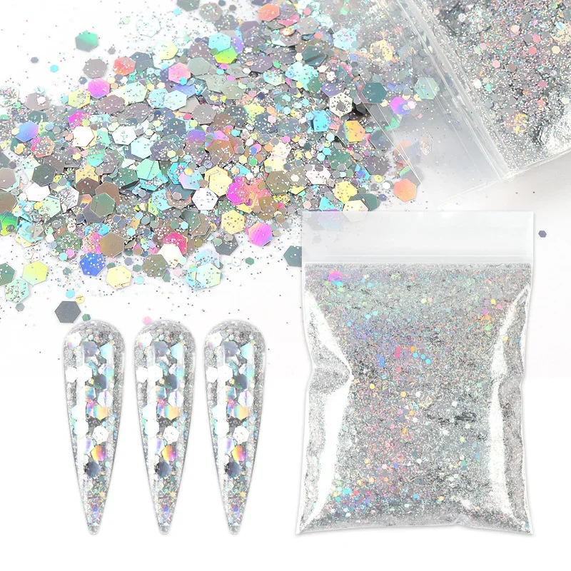 Nail Glitter 10G Mixed Holographic Silver Chunky Glitter Hexagon Colorful Nails Sequin Powder for Gel Nail Polish Epoxy Resin DIY Accessories