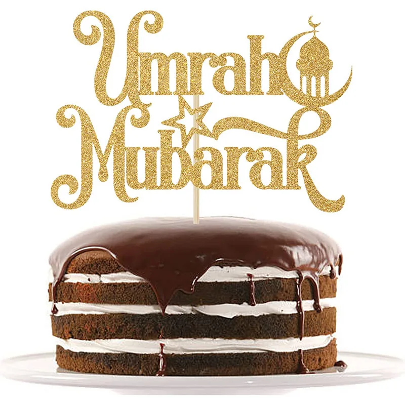 Umrah Mubarak Cake Topper, Ramadan Mubarak Cake Decorations, Muslim Eid al-Fitr Party Decorations Gold Glitter umrah mubarak banner eid mubarak banner party decorations supplies