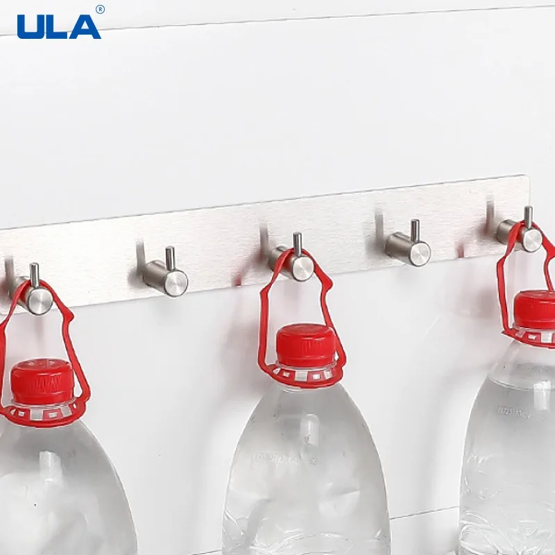 ULA Black 5 Wall Hooks Self-Adhesive Coat Hook Dress Hanger Stainless Steel Towel Holder Bathroom Kitchen Accessories Save Space