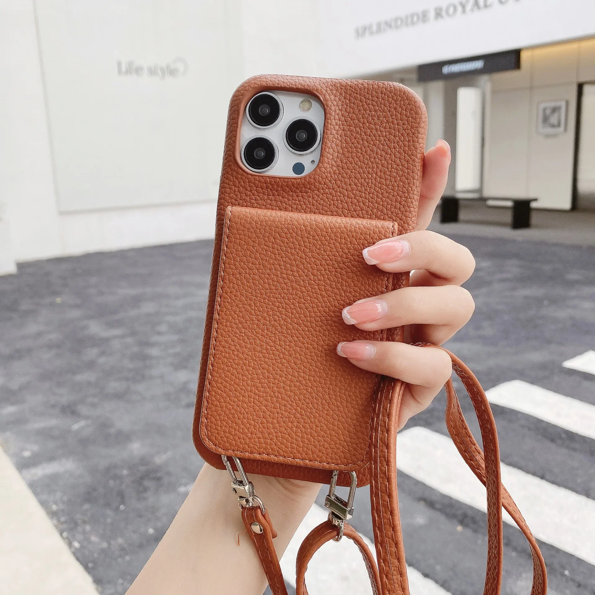 Elegant Leather Crossbody Phone Case with Lanyard and Card Holder