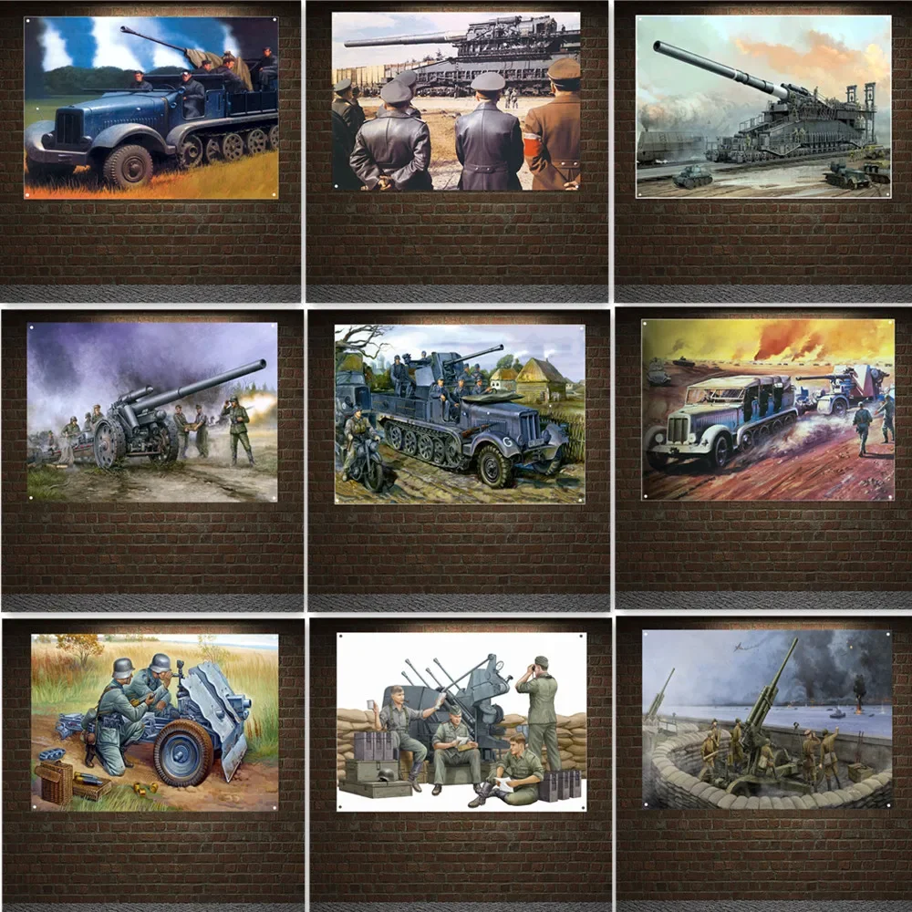 

Vintage Style Wall Painting of WWII Heavy Armor Weapons for Military Art Enthusiasts - Cannon War Art Banner Wall Hanging Flag